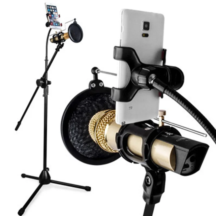 

2 in 1 With Tripod Tilting Rotating Adjustable Floor Bracket Mobile Cellphone Microphone Holder, Black