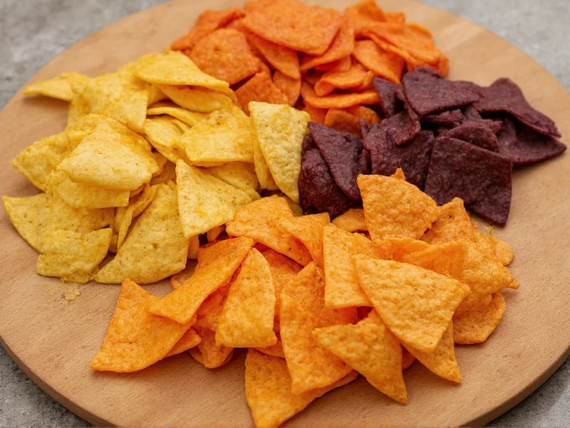 Assortment of flavored homemade nacho chips on wooden board