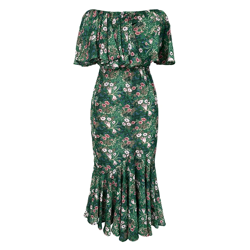 

Green Satin Off Shoulder Floral Casual Maxi Dress Waist Slim A-Line Dresses Ladies Woman Sexy Dress