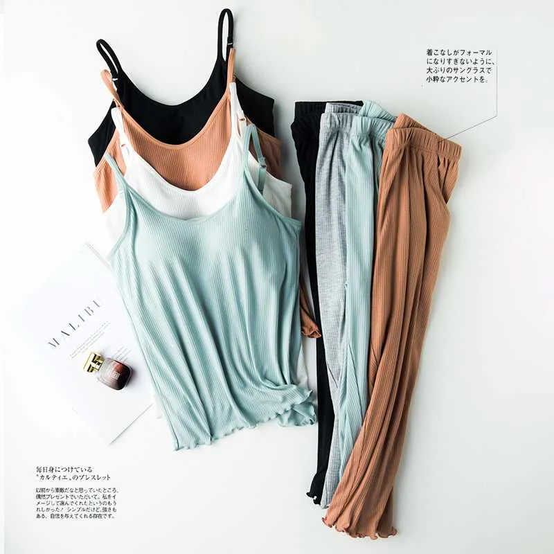 

Summer thin pajamas women's camisole cropped trousers suit with chest pad cup leisure elastic loose home two piece set summer