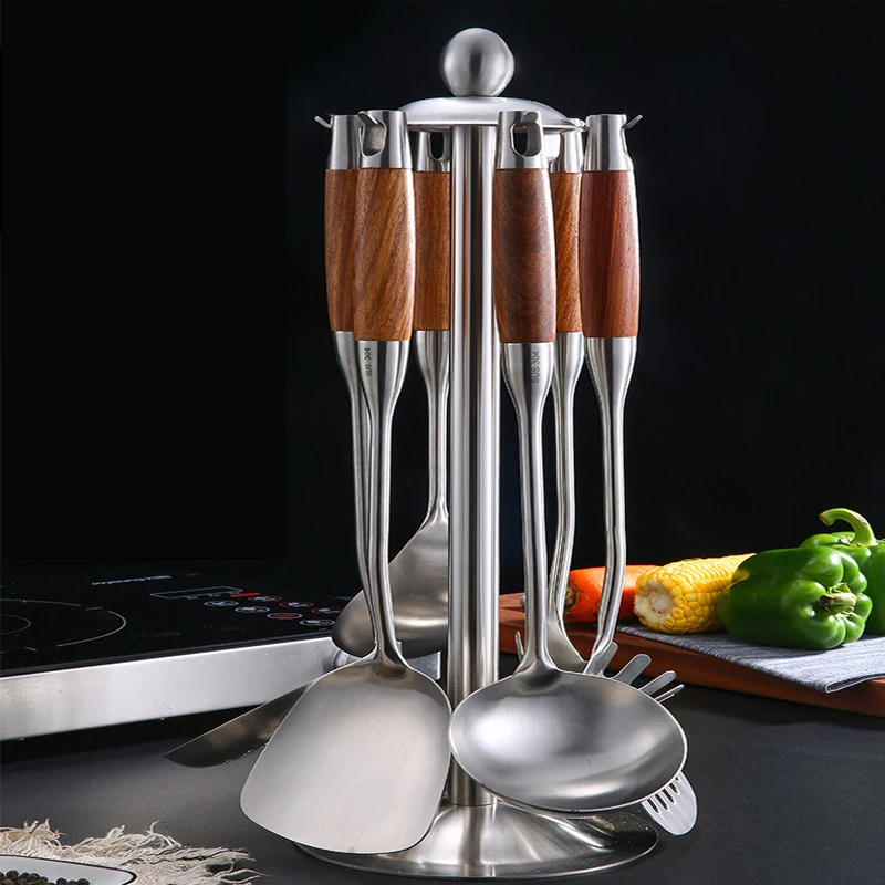 

7pcs Household Reusable Stainless, Steel Spoon Spatula Kitchen Cooking Utensils With Wooden Handle Set/, Natural color