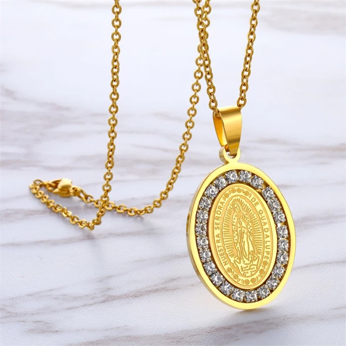

Religious christian jewelry virgin Mary engrave wholesale gold plated stainless steel virgen de virgin guadalupe necklace