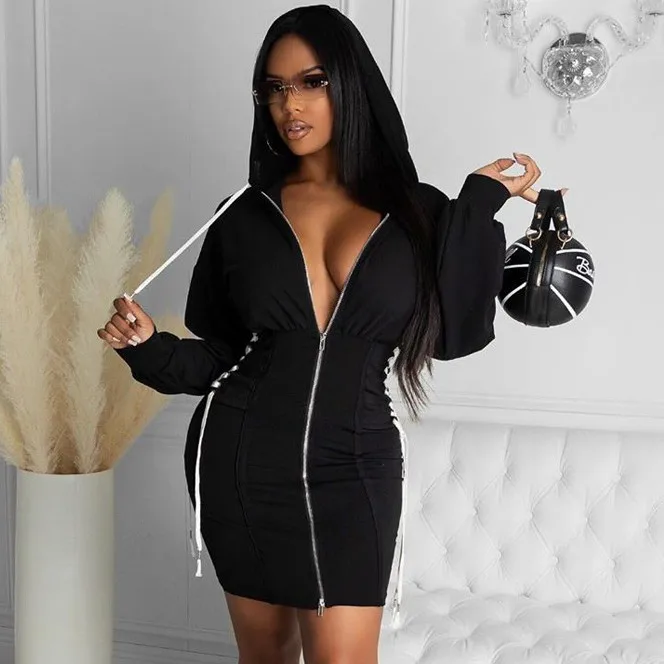 

s486a Fashion zipper hooded dress women's dress new side lacing skirt dress in stock