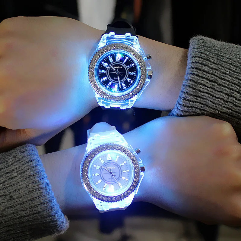 

Fasion Trend 12 Colors Student Wristwatch Led Flash Glow In The Dark Female Couple Luminous Watch, As the picture