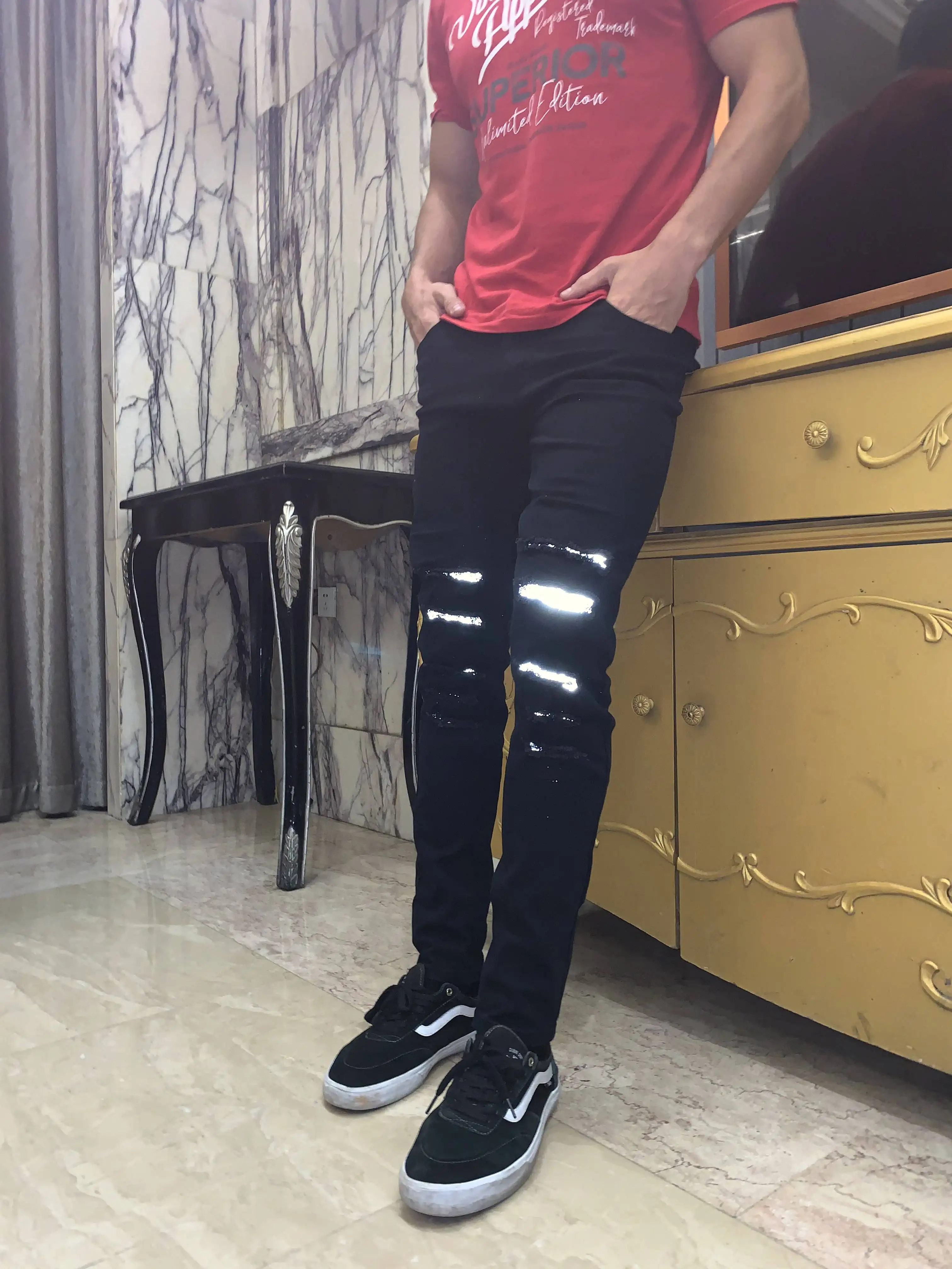 Xintang Manufacture Custom Latest Design European street style men's Jeans reflective stripes casual slim men's pants