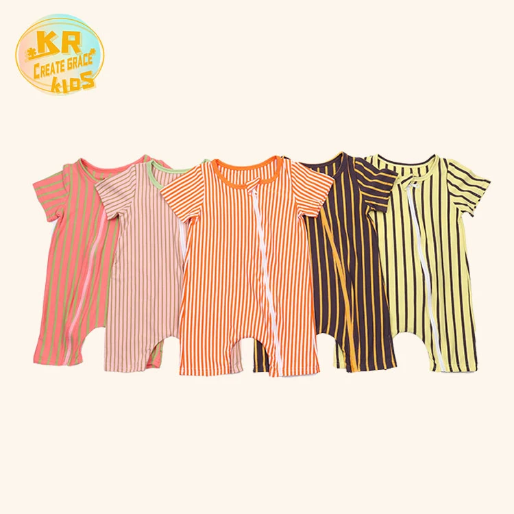 

Hot sale baby girls pajamas pure cotton stripe jumpsuit short sleeves zipper jumpsuit pajamas, Picture shows