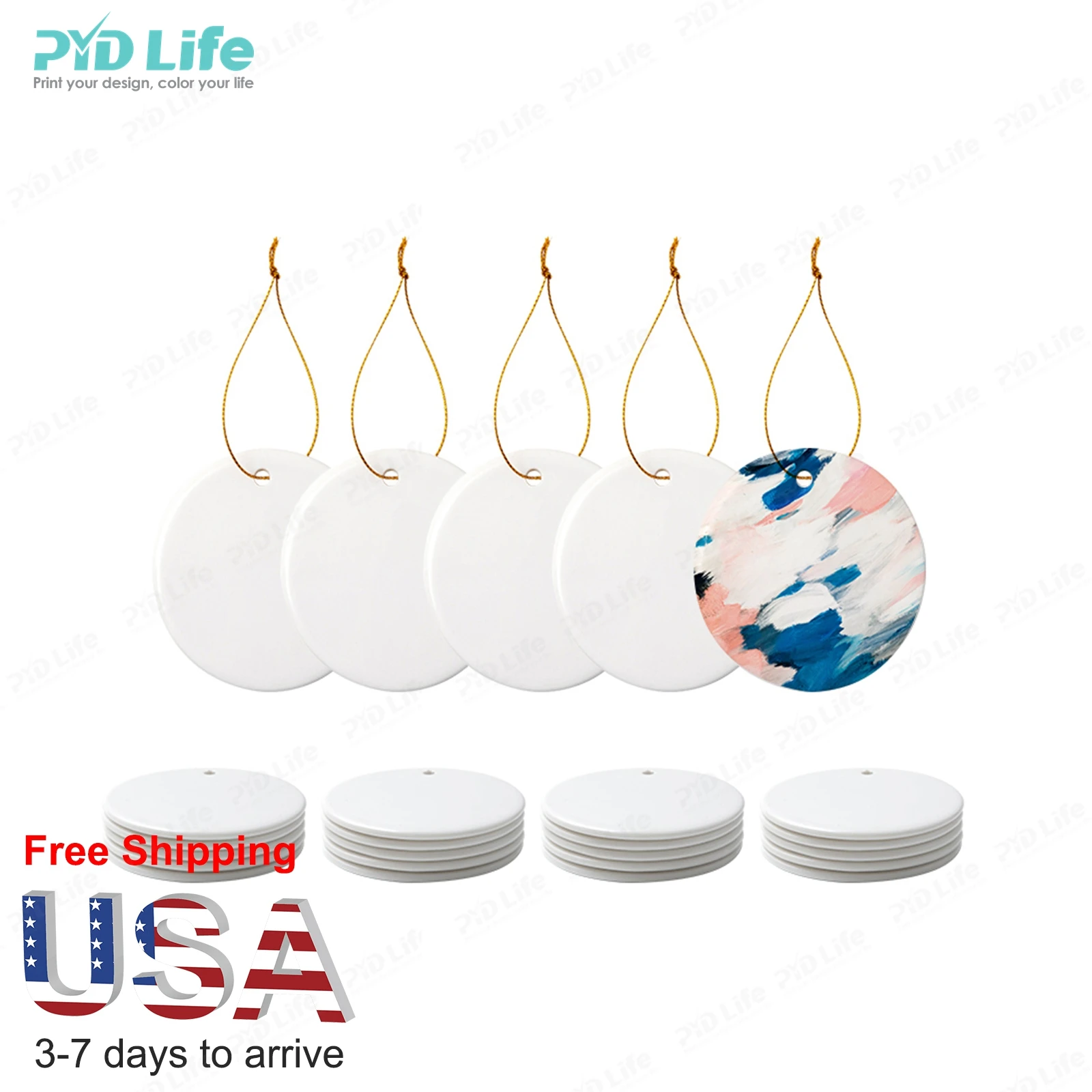 

PYD Life USA Warehouse Free Shipping Sublimation Christmas Tree Bauble Gift Round Blanks Sublimation Circle Ceramic Ornaments