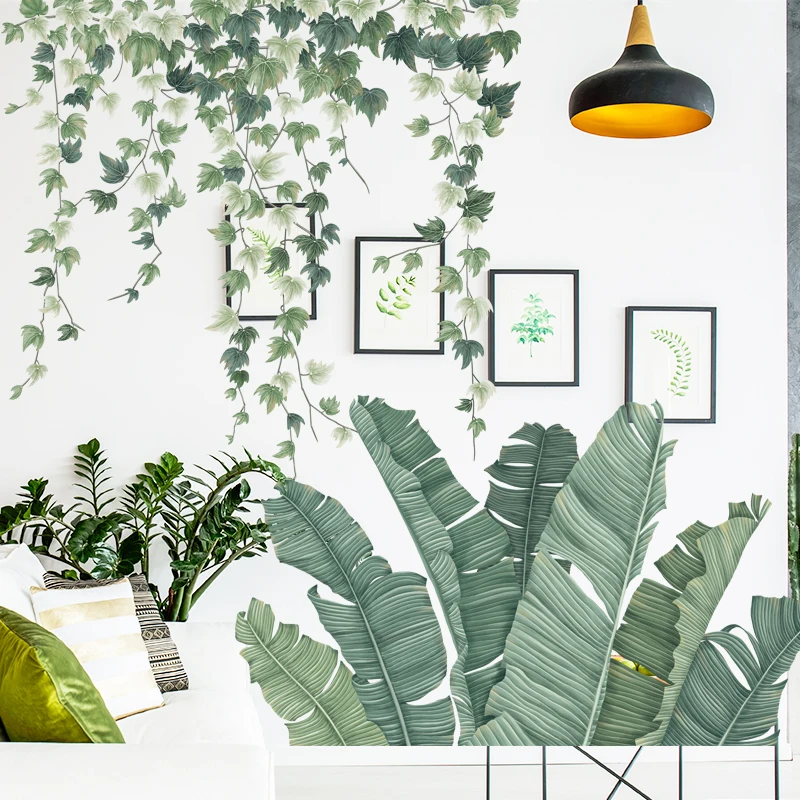 Large Green Leaves Wall Decals Longliness Leaf Plant Wall Sticker For Living Room Bedroom Safa 