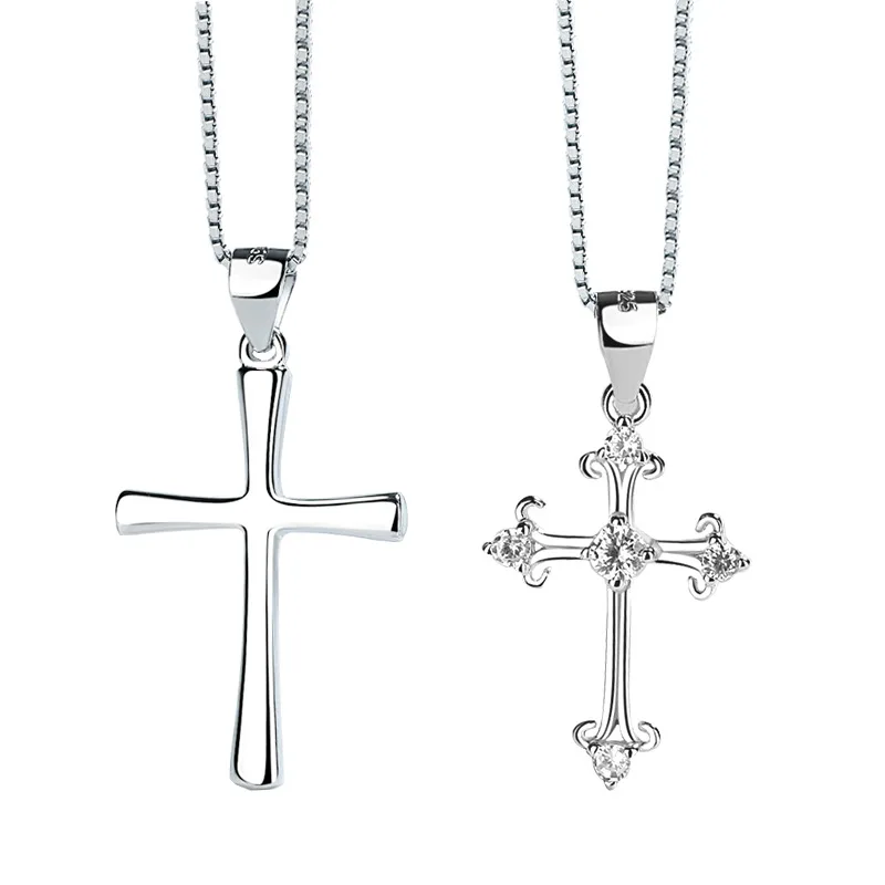 

Halskette cubic zirconia diamond couple necklaces real 925 sterling silver faith jesus cross charms pendant necklace for lovers, White gold