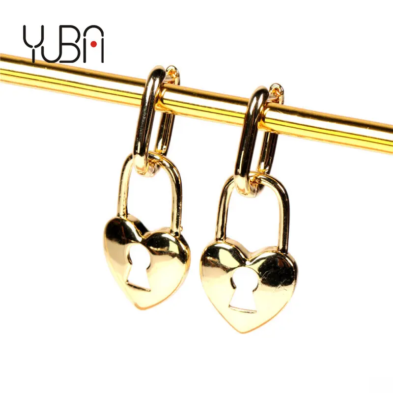 

Creative Gold Real Gold Plated Brass Padlock Drop Earrings High Polished Glossy Heart Lock Drop Hoop Earrings For Women