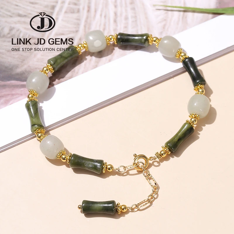 

JD New Design Elegant Vintage Natural Southern Jade Bamboo Joint Bead with Barrel Shape Light Green Jade Beaded Bracelet