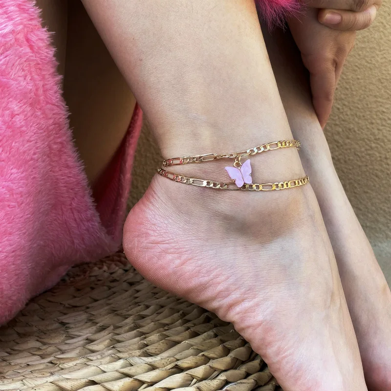 

Bohemian Beach Foot Chain Multi Color Barefoot Butterfly Anklets Plated Double Layers Butterfly Anklets Bracelet For Lady