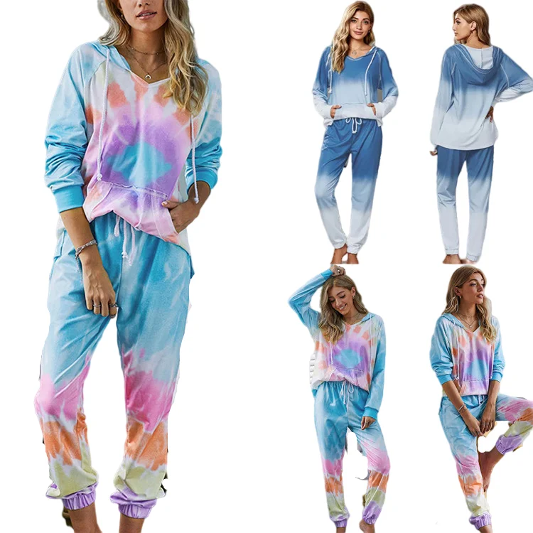 

2 piece long sleeve pajama sets women's tie dye lounge sleep wear women two piece outfits hooded cotton lounge set, Picture shows
