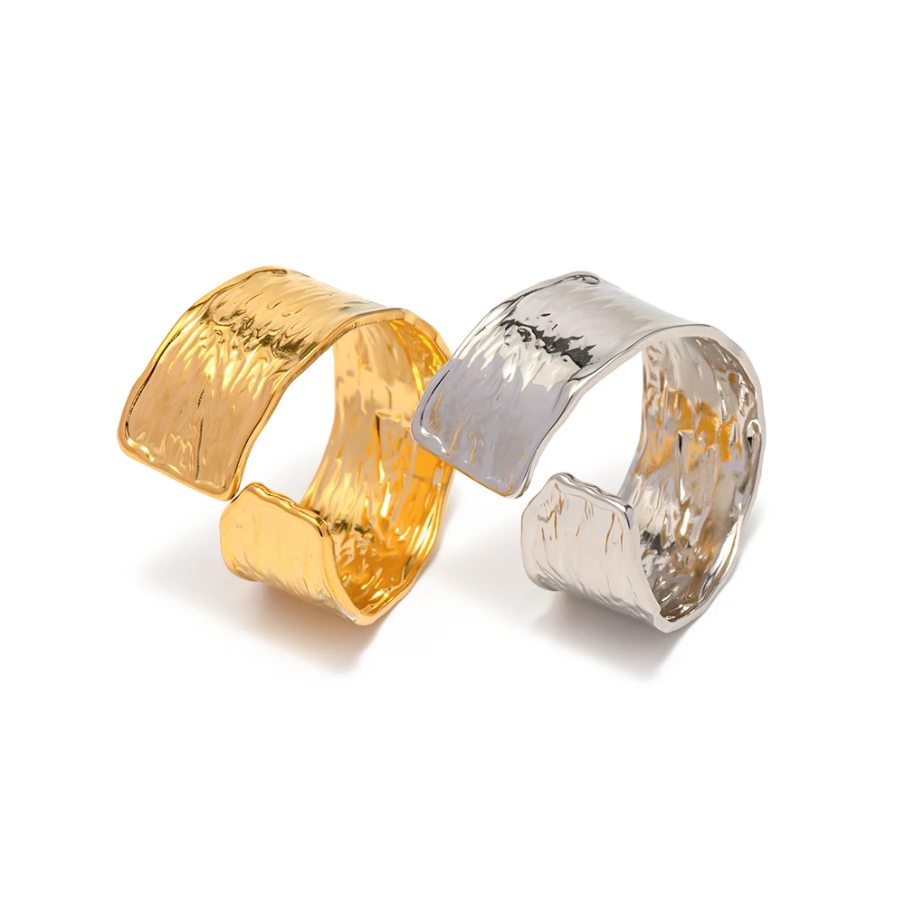 Geometric Jewelry Gold Silver Plated Stainless Steel Wide Texture Pleated Open Ring for Girls