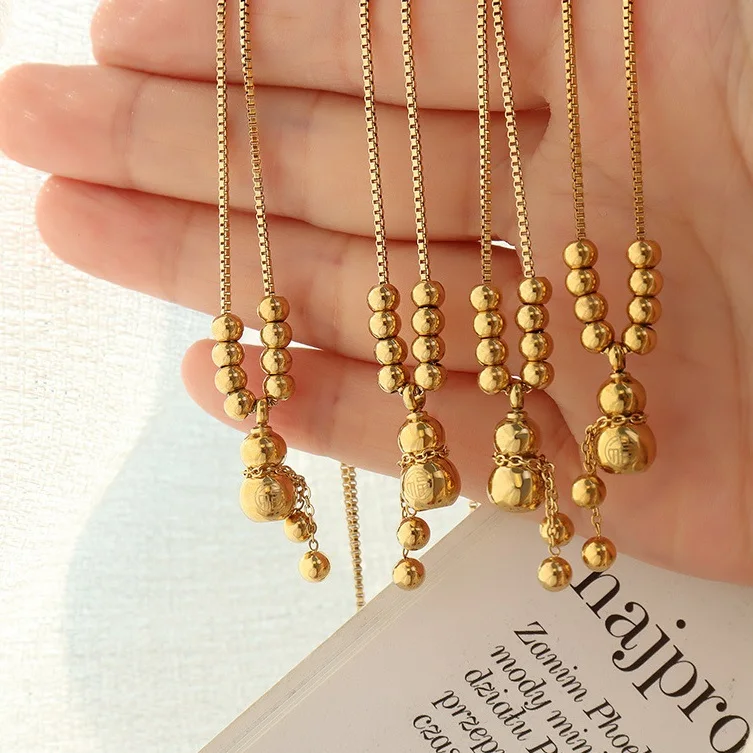 

2024 New Fashion 18k Gold Chinese Letter "bless" Lucky Gourd Pendant Necklace Women Beaded Tassel Jewelry Necklaces