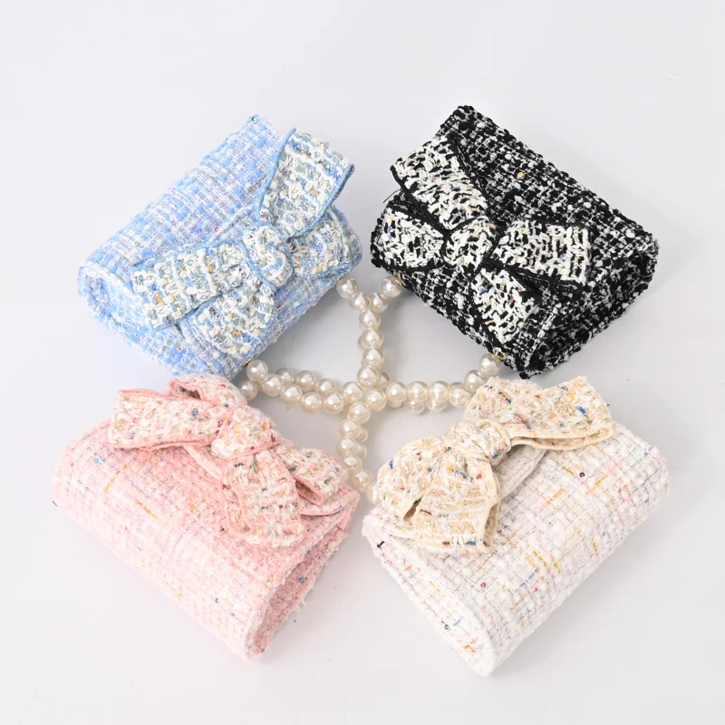 

Cute Linen Wallet Ladies Bow Pearl Woven Toddler Handbag Wholesale, 4 colors