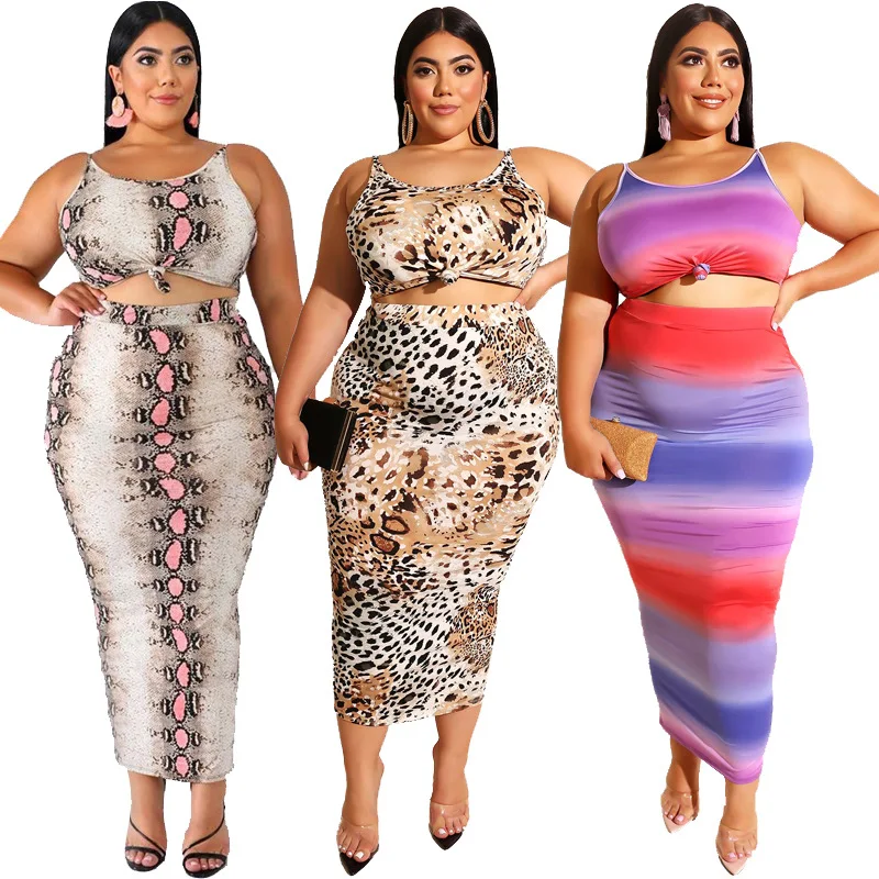 

2020 women Plus Size Maxi Woman Dress Leopard High Waist Skirt Package Hip Two Piece Outfion Bodycon
