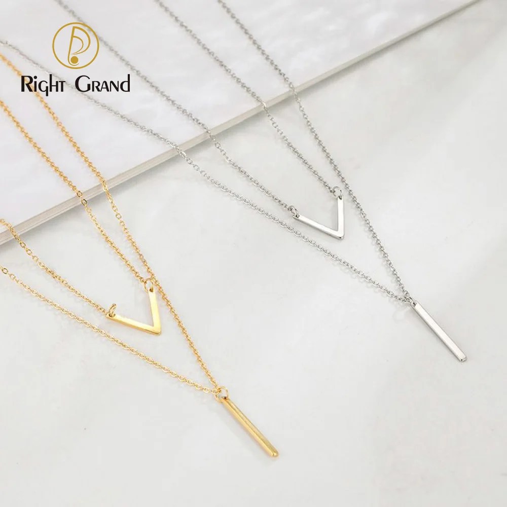 

Fashionable simple V-shaped double-layer clavicle chain tassel style stainless steel necklace women's jewelry