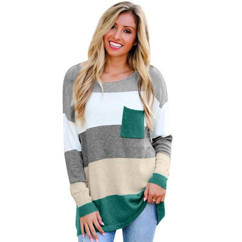 

2021 Ready To Ship Sweater New Style Women Oversize Sweater Pocketed Pullover Striped Colorful, Accept customized sweater pullover