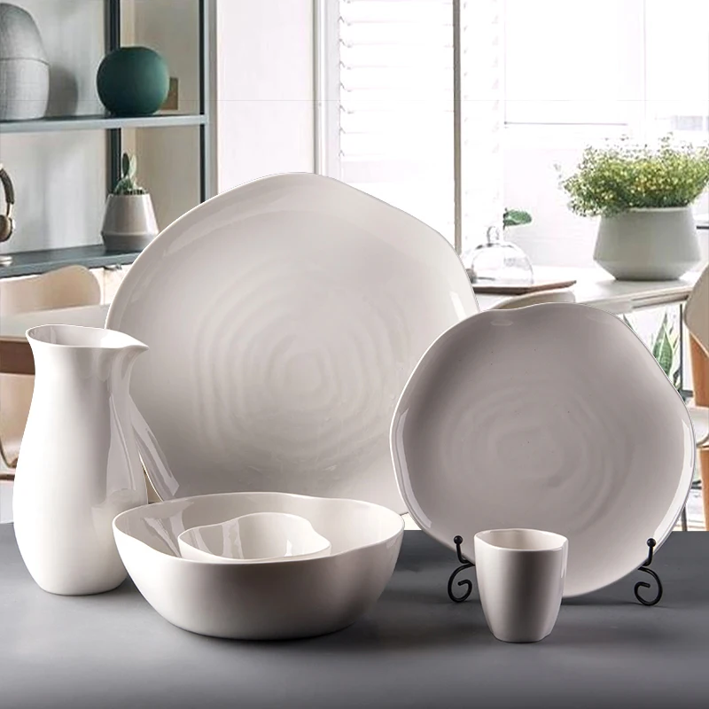 

Creative porcelain white irregular shaped dish and plate Salad Fruit plates set food tray ramen mixing bowl pot cup sushi plates, White/green