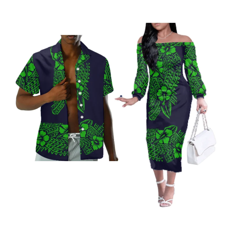 

1 MOQ Drop Shipping Polynesian Samoan Tribal Design Print On Demand 4XL Big Size Casual Off Shoulder Dress And Men's Shirts, Customized color