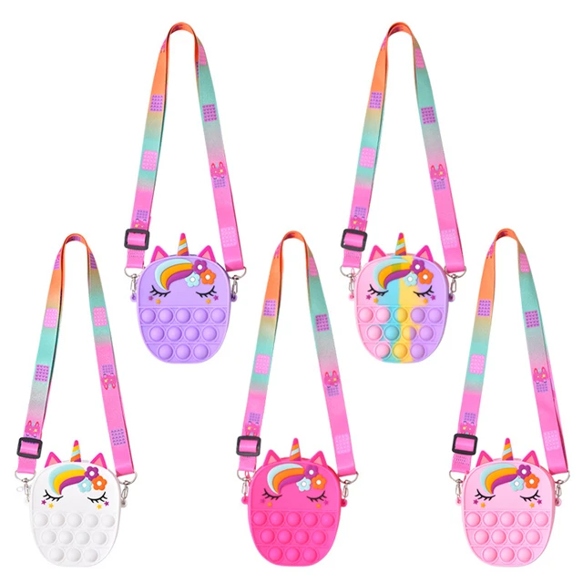 

J487 Hot Sell Kids Toy Purse Silicone Strawberry Pop Purse Avocado Rainbow Unicorn Pop Fidget School Pencil Bag For Girls