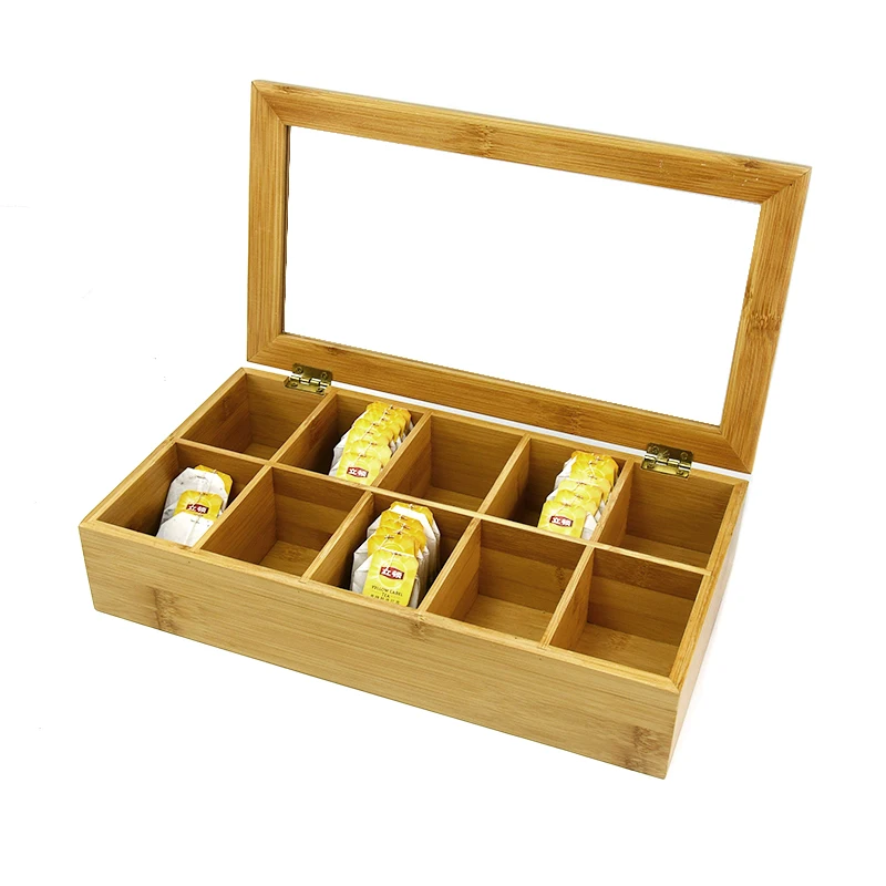 

8-Compartment kitchen storage natural bamboo Tea Box with clear Lid