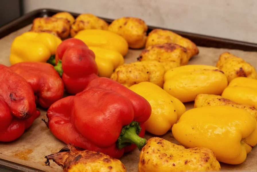 Fresh red and yellow bell peppers roasting on a baking sheet with blackened skin
