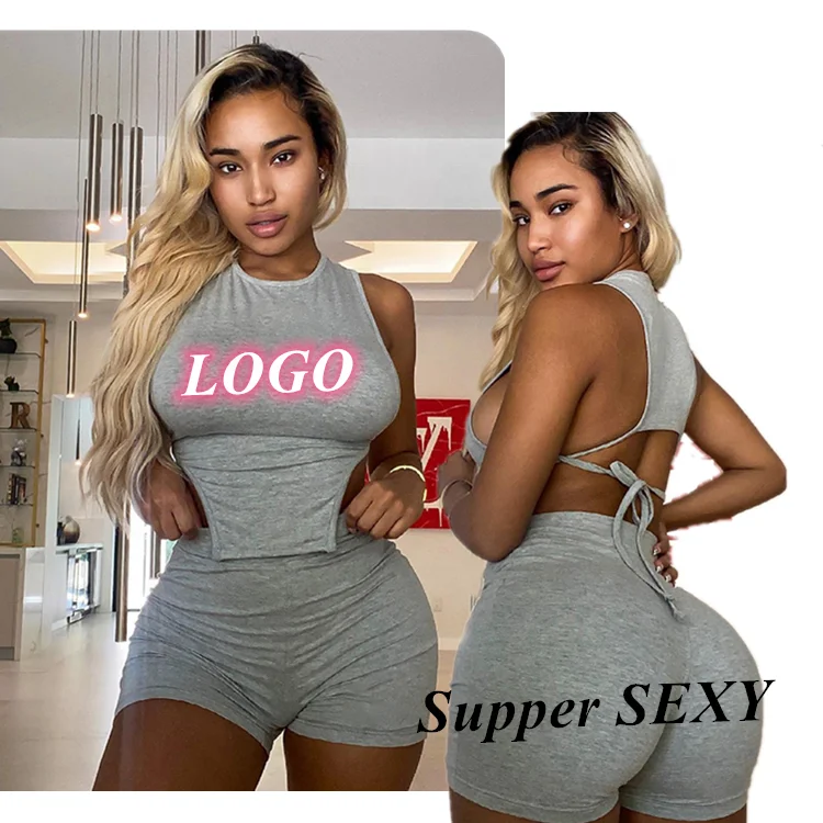 

Wholesale Irregular Bandage Halter Backless Sexy Sleeveless Tank Crop Top Activewear 2 Piece Short Set Women