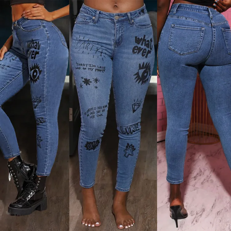 

Fashion design letter print slim graffiti jeans women plus size skinny ankle pencil pants