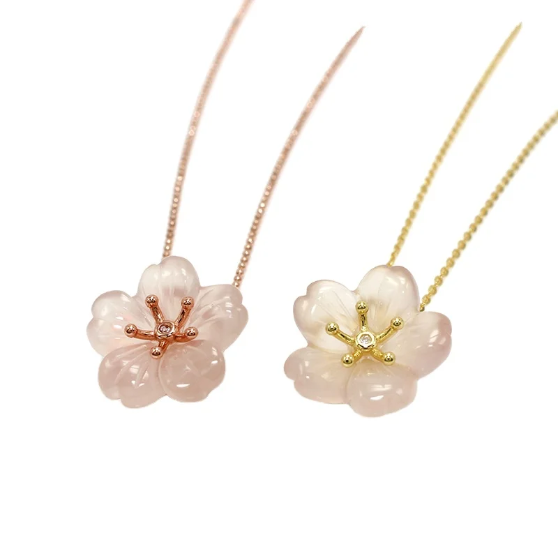 

Inlaid Pink Crystal Chalcedony Necklace S925 Silver Rose Gold Plated Pink Peach Blossom Clavicle Chain Pendant
