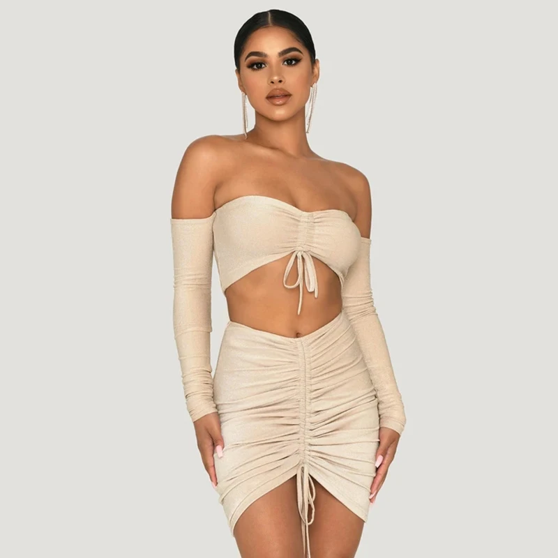 

Long Sleeve Drawstring Gold Silk Sexy Night Club Two-Piece Casual Dress For Women Mini Bodycon Dress Night Party Club Dresses