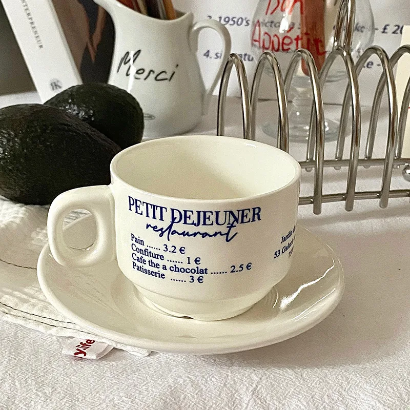 

UCHOME Blue alphabet ceramic mug with Saucer French Breakfast Milk mug, As is