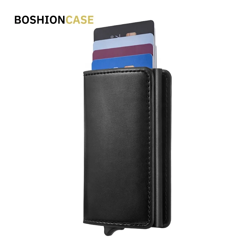 

Boson Aluminum POP Up Case RFID Blocking Card Mini PU Leather Men Slim Wallet With RFID Protection, Black(customized )