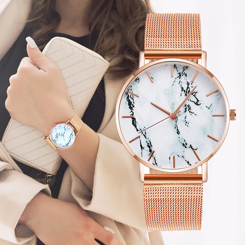 

Fashion Rose Gold Mesh Band Creative Marble Female Wrist Watch Luxury Women Quartz Watches Gifts Relogio Feminino Drop Shipping