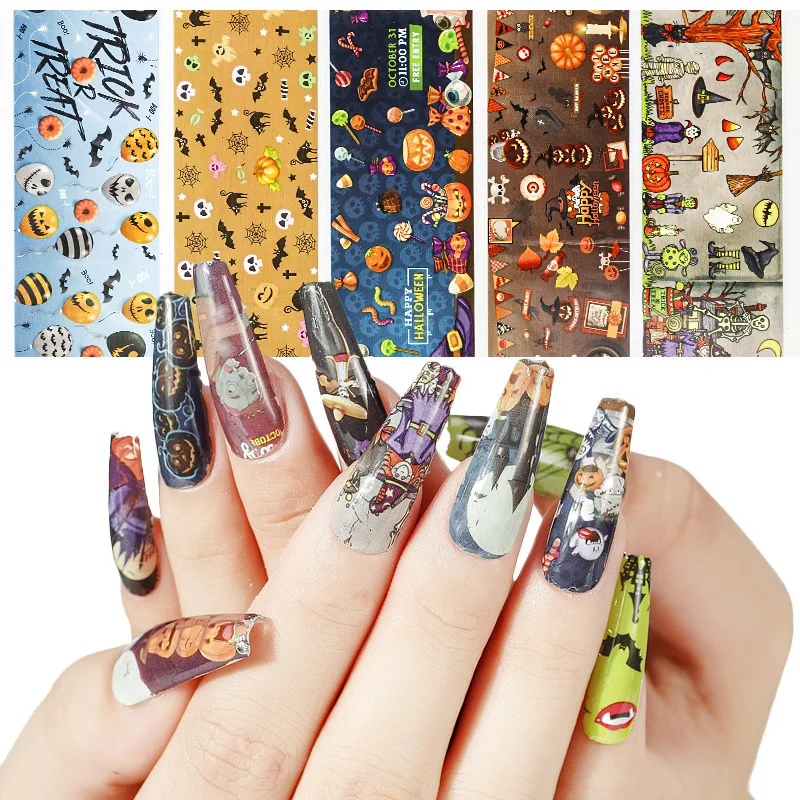 

Nail Art Christmas Halloween Starry Paper Nail Transfer Sticker Pumpkin Snowflake Candy Halloween Nail Art Stickers, As picture