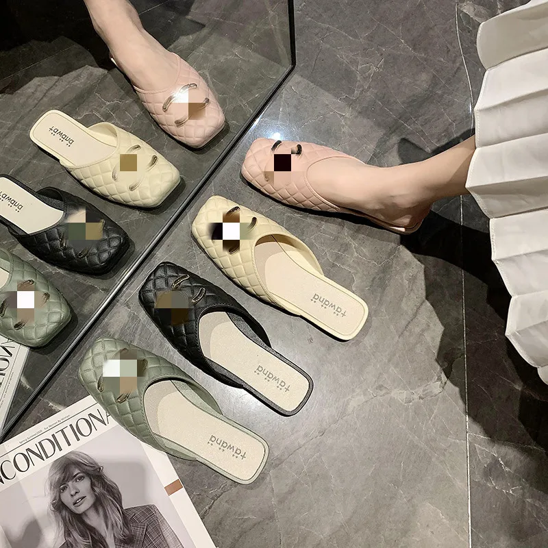 

New style plaid imitation leather half slippers lazy pvc plastic toe women's shoes sandals for women hotel slippers design, Black