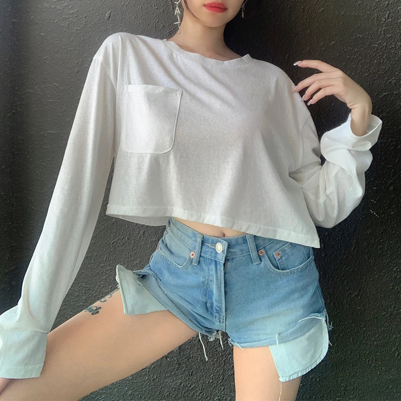 

Women's Solid Color Basic Pocket Loose Long Sleeve Casual T-shirt Cotton Crew Neck Crop Top, White