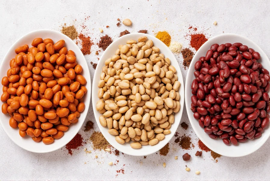 Three different beans in separate bowls with spices arranged around them for a healthy vegetarian 3 bean chili recipe