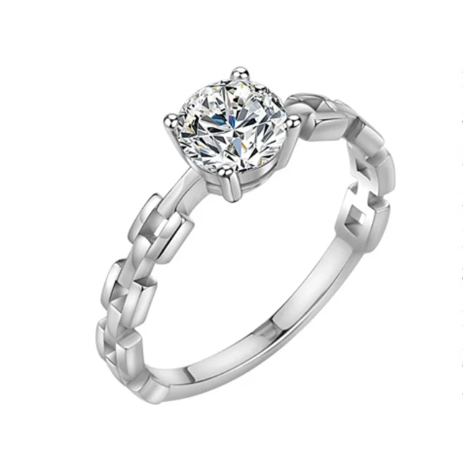 

New chain lock 1 carat diamond female ring with platinum plated body creative design zircon moissanite engagement ring, White color