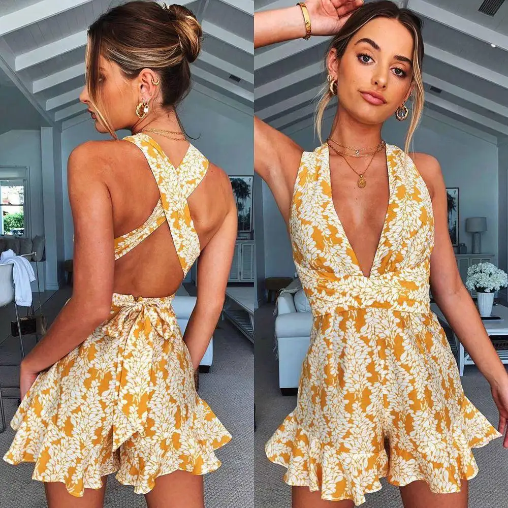 

2021 summer v neck sleeveless Tropical Top Selling Irregular Woman backless Floral print boho jumpsuit