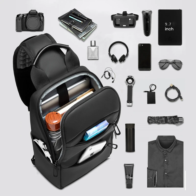 

Men Sport Chest bag for 9.7" iPad USB Charging Short Trip Messenger Bags Water Repellent Crossbody Shoulder Bag