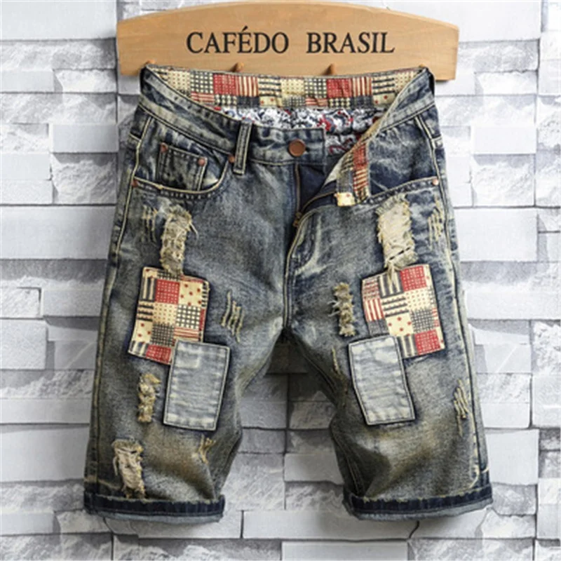 

Summer Button Baggy Fashion Ripped Jeans Mens Denim Shorts, Blue
