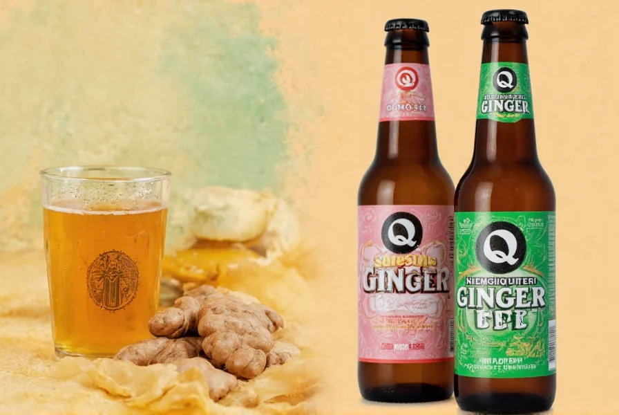 Close-up of Q Mixers ginger beer bottle showing its distinctive label and amber liquid