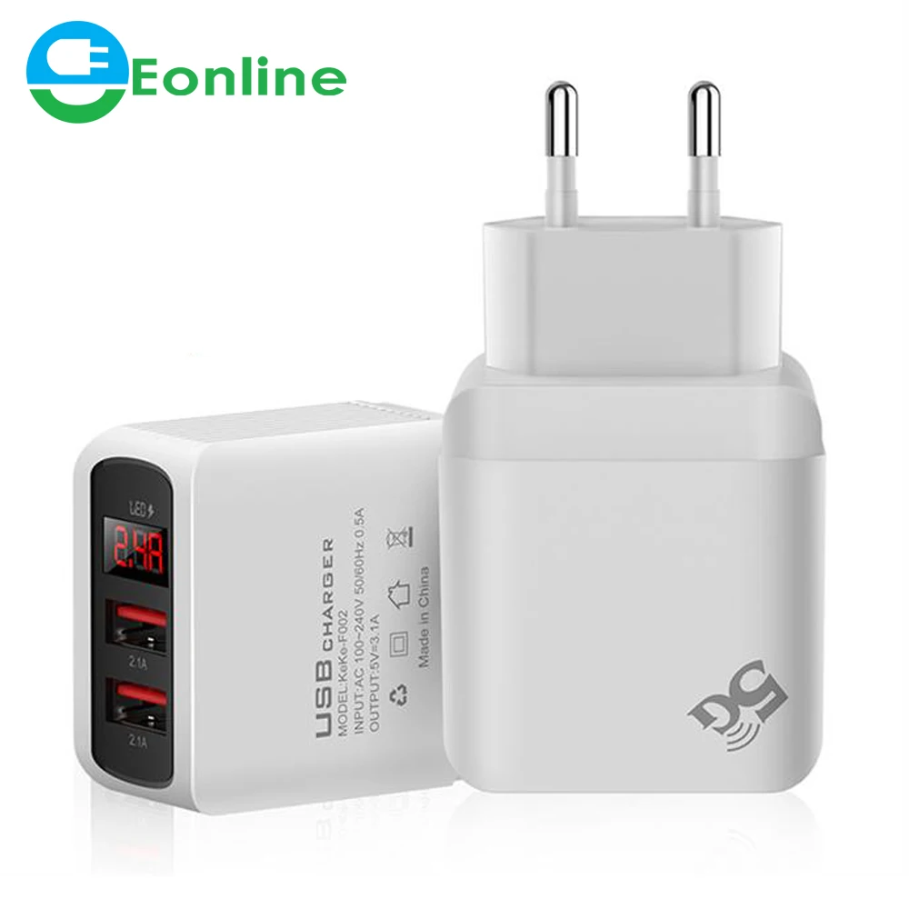 

EONLINE 2 Port LCD Digital Display USB Charger 5V 3.1A Max Fast Charger for Samsung Xiaomi Huawei Charging for iPhone Charger, White