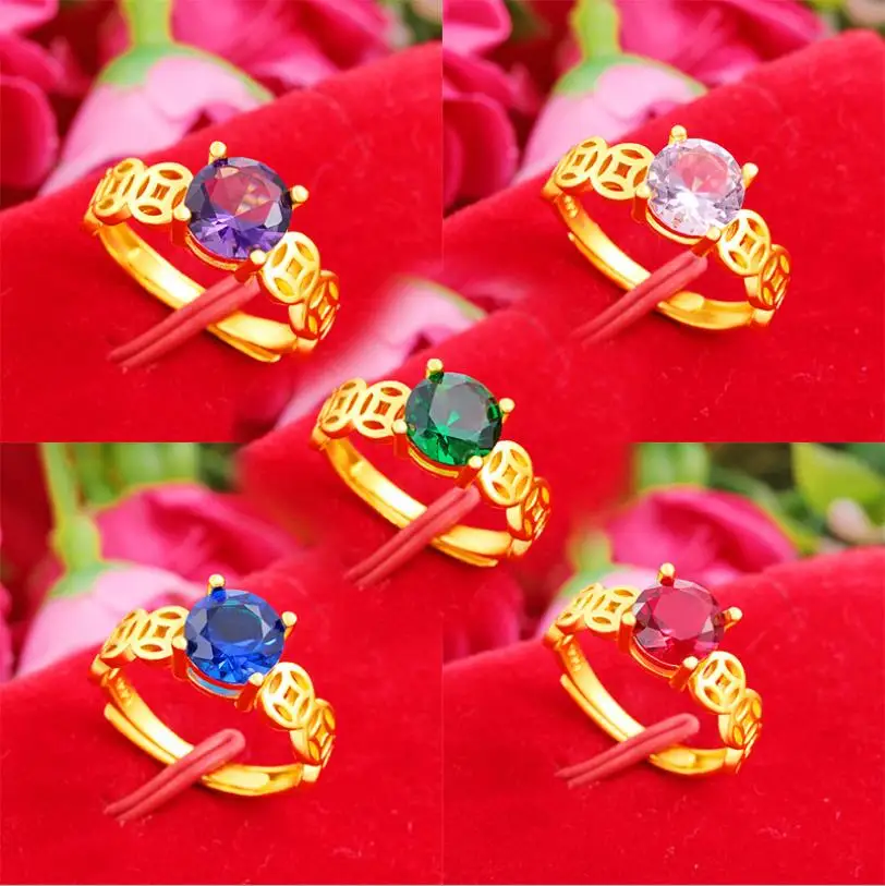 

National wind woman Inlay zircon 24k gold ring womens Resizable rings free size gold wedding rings female gold filled