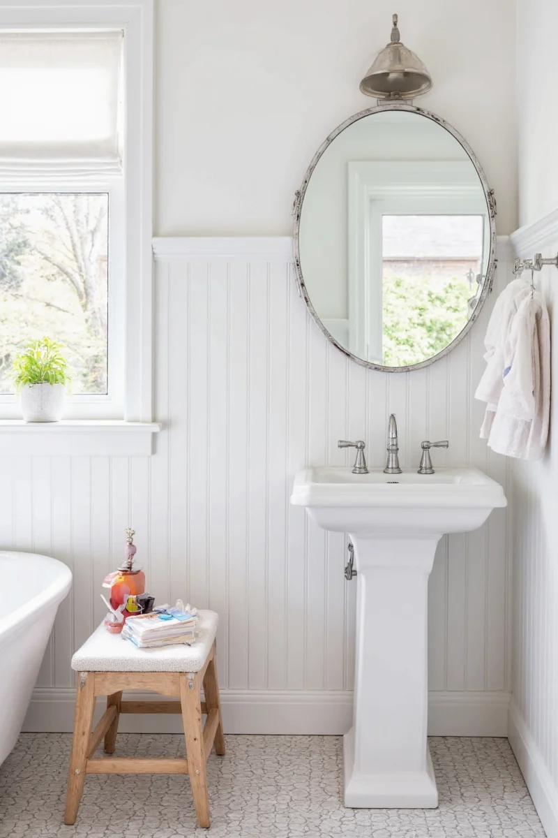 Beadboard-lined storage nook