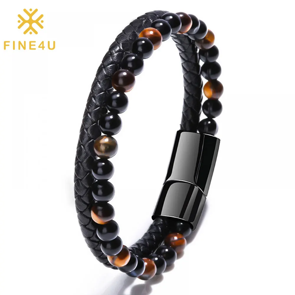 Men Fashion Jewelry Leather Rope Magnetic Clasp Agate Natural Tiger Eye Stone Beaded Bracelets