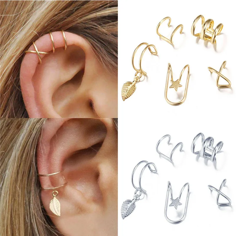 

Hongtong Factory Hot Sale 5Pcs/Set Ear Cuff Gold Leaves Cartilage Earring Jewelry Non-Piercing Ear Clips, Picture