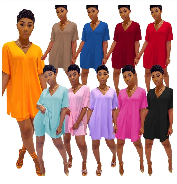 

BA121 2021 Amazon top selling trending summer v-neck with side slits comfortable two piece short set outfits for women clothing